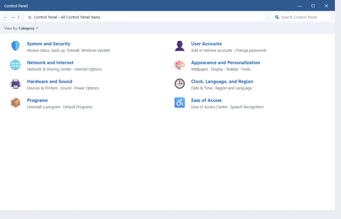 Category view में Control Panel