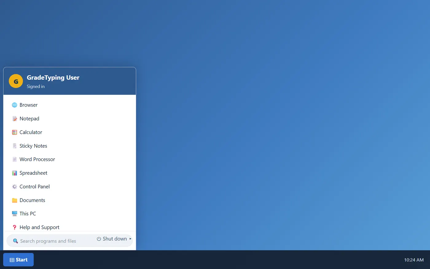 Start Menu जिसमें प्रोग्राम, खोज-बॉक्स और पावर विकल्प दिख रहे हैं