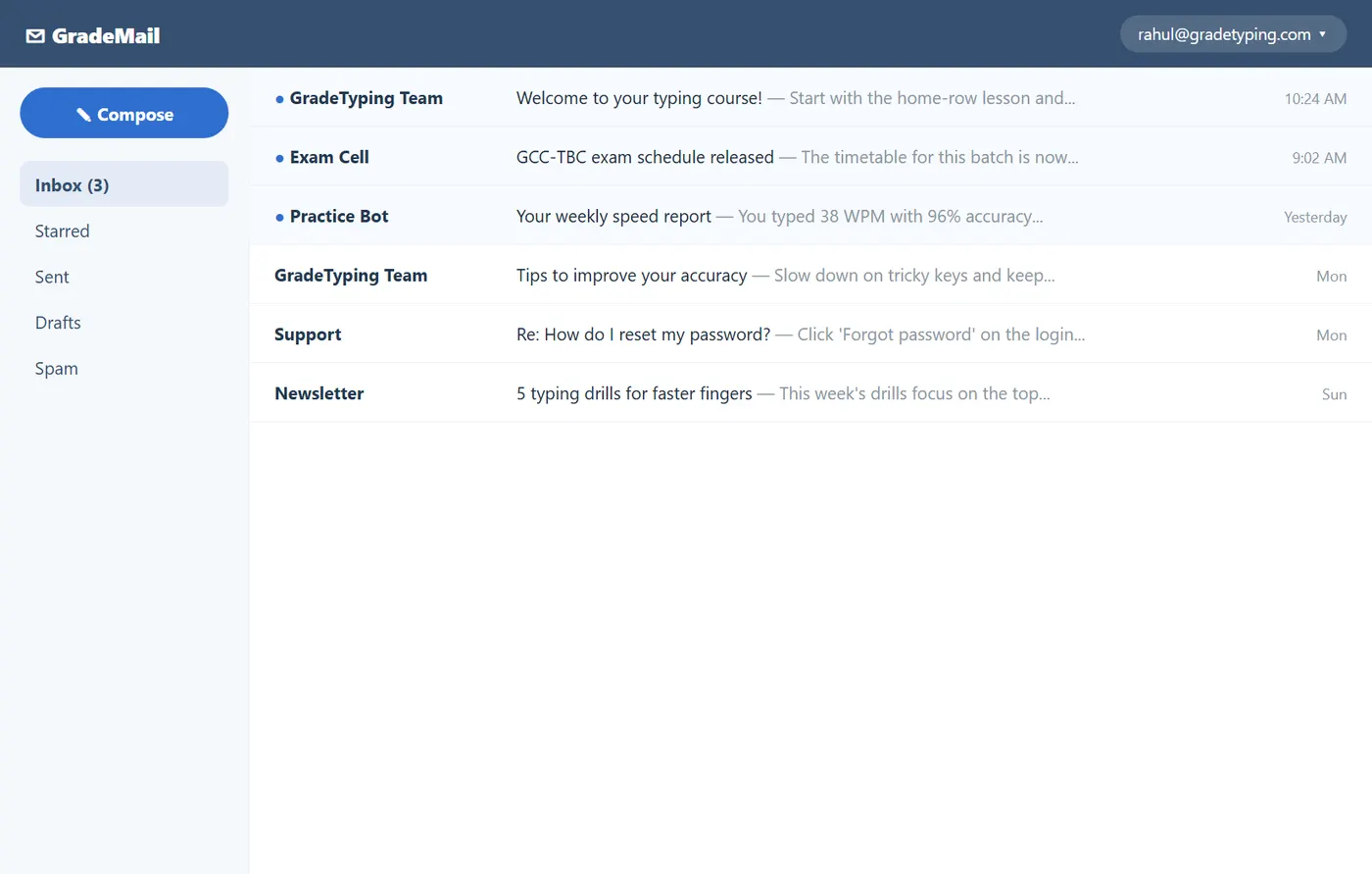 Email inbox with folders