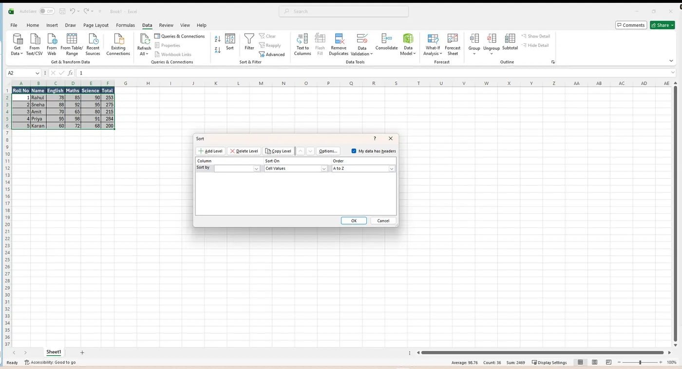 Sort dialog
