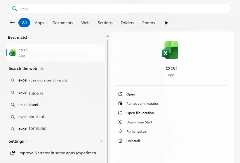 Start search showing Excel best match