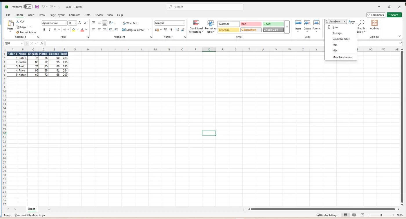 AutoSum dropdown