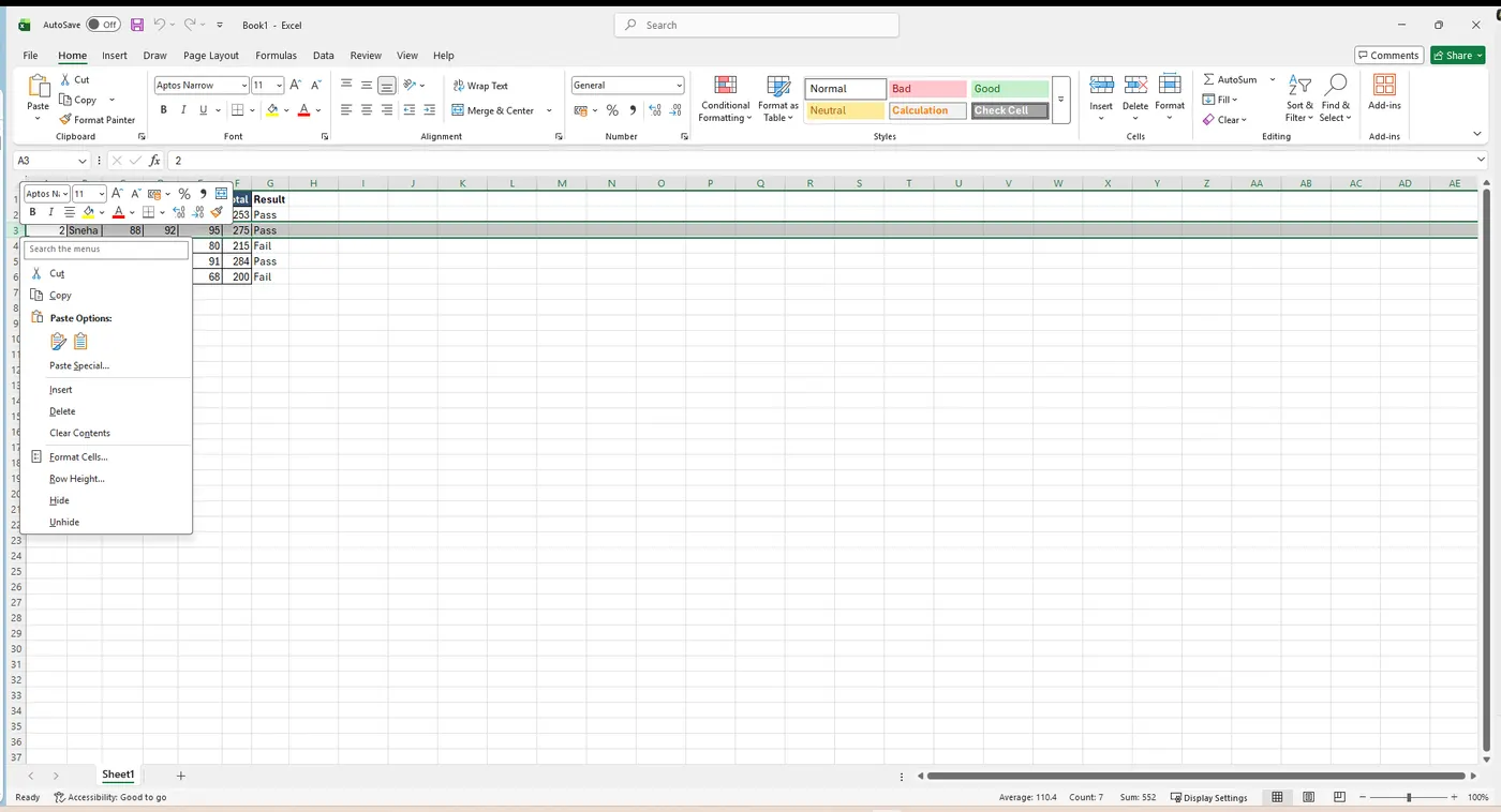 Right-click row menu with Insert