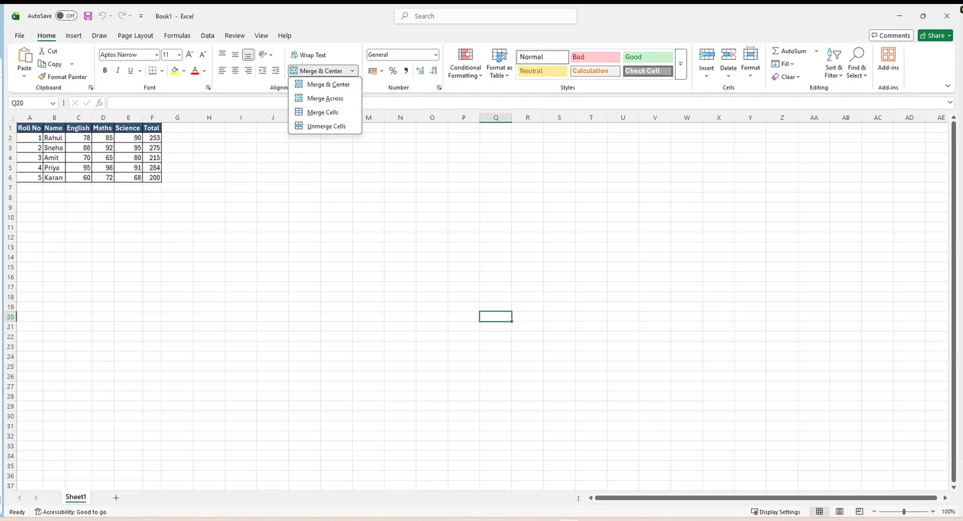 Merge and Center dropdown