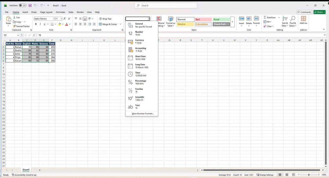 Number format dropdown