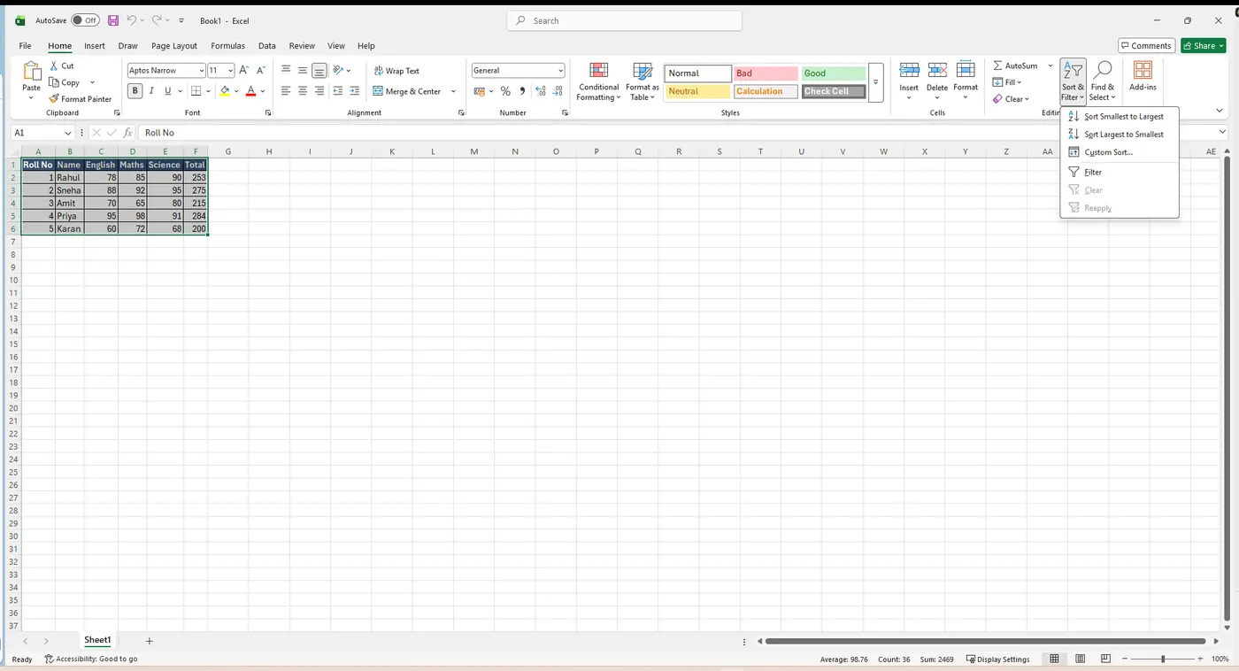 Sort and Filter menu