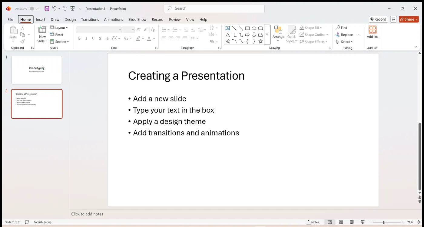The PowerPoint window (Home tab)