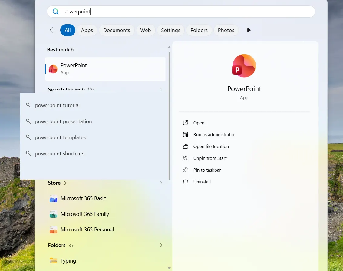 Start menu PowerPoint search