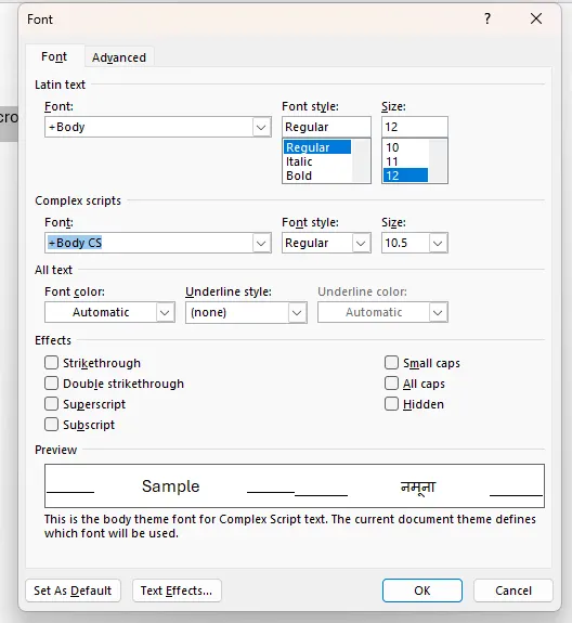 The Font dialog window