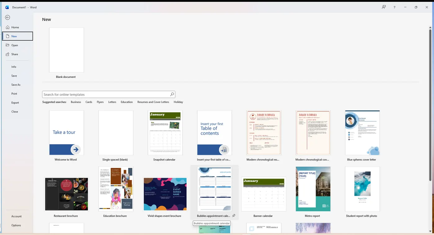 File New screen showing available templates