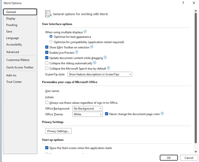 Word Options window