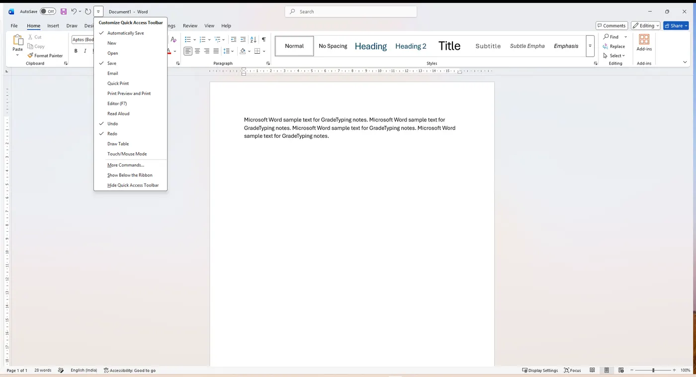 Customize Quick Access Toolbar menu