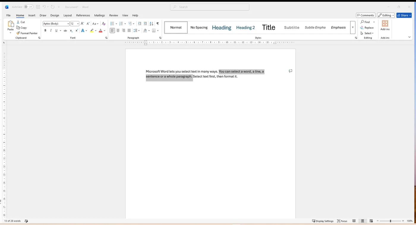 A sentence selected in Word